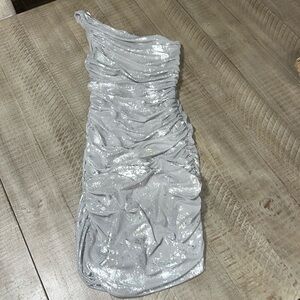 Zara silver one shoulder ruched mini dress